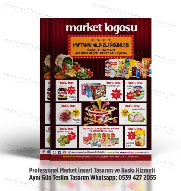 market insert örnekleri, süpermarket broşür tasarımları, market el ilanı basımı