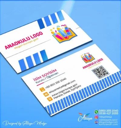 mavi çizgili dikkat çekici anaokulu kreş kartvizit