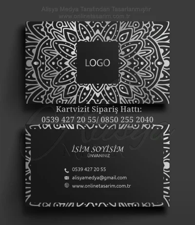 gri-gümüş renkler süsleme desenli zemine sahip, siyah ve grinin uyumu kartvizit tasarım örneği