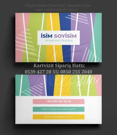 Renkli pastel şeritler içeren dikey çizgili sanatsal kartvizit modeli