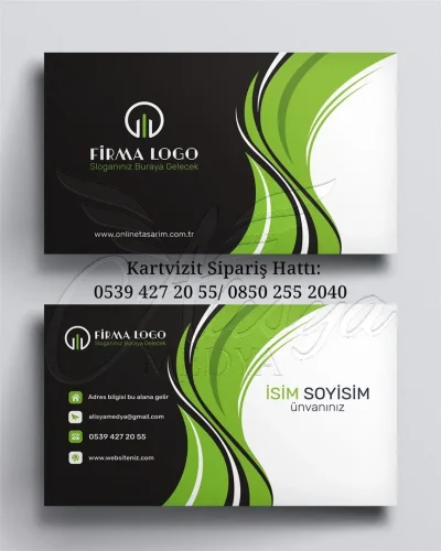 yeşil dalgalı koyu zeminli kurumsal modern kartvizit