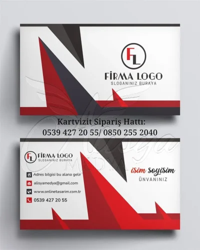 sivri geometrik şekilli kırmızı gri kartvizit