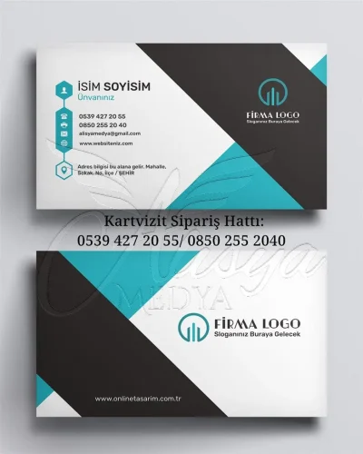turkuaz ve siyah kartvizit, çapraz desenli modern hazır kartvizit