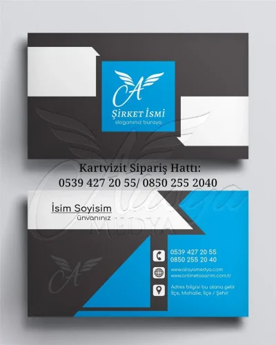 mavi ve koyu gri uyumuyla kurumsal kartvizit baskı örneği