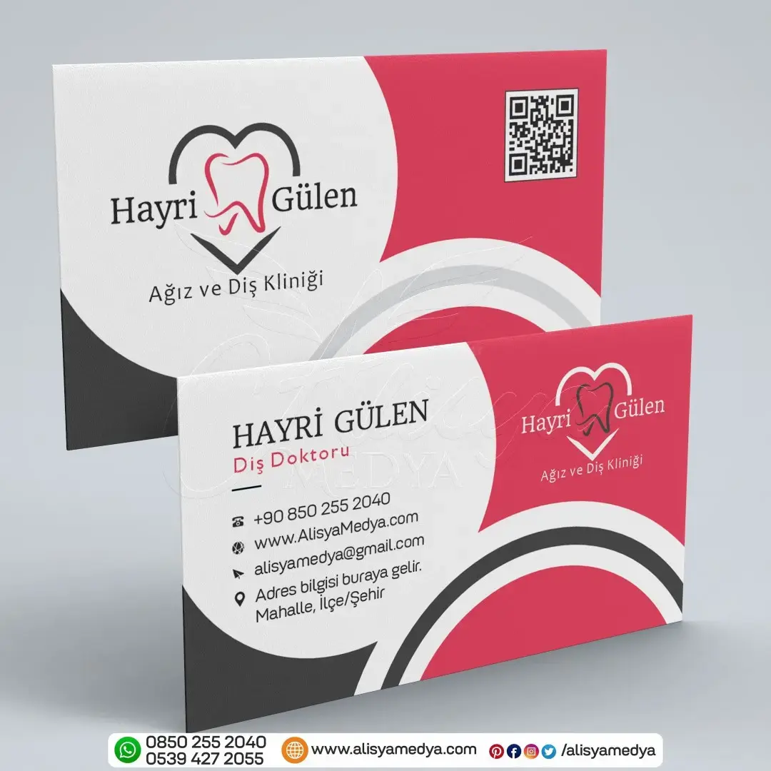 Pembe Koyu Gri Renklerde QR Kodlu Diş Doktoru Kartvizit Tasarım Örneği - Kalp ve Diş Logolu Kartvizit