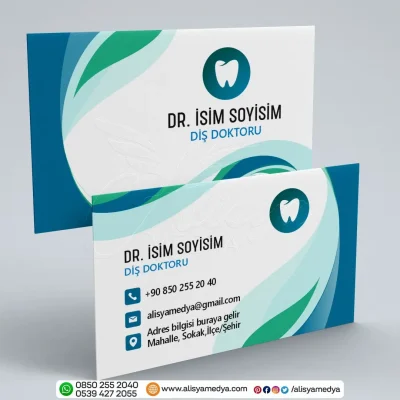 Yeşil ve Mavi Renklerde Sağlık, Doktor Kartvizit Örneği - Diş Logolu Diş Doktoru Kartvizit Tasarımı