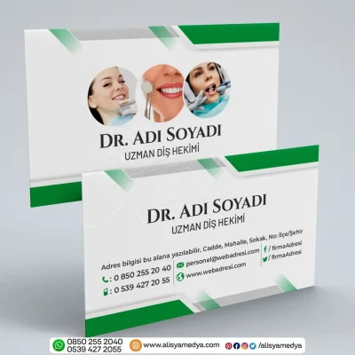 Ağız ve Diş Sağlığı Resimli Yeşil Renklerde Diş Kliniği / Diş Doktoru Kartvizit Tasarım Örneği