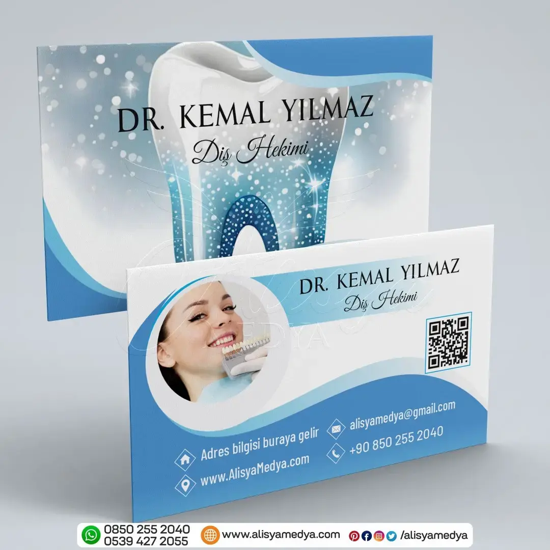 Parlak Diş Resimli Arkaplan, Diş Kaplama Resimli Mavi Renklerde Diş Doktoru Kartvizit Tasarım Örneği