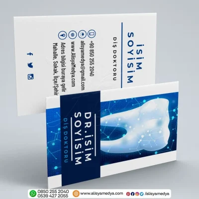 Dikey Tasarım Mavi Renklerde Büyük Diş Resimli Diş Doktoru / Diş Kliniği Kartvizit Tasarım Örneği