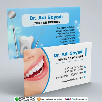 Beyaz Dişli Gülen Kadın ve Diş Tedavisi Aletleri Resimli Diş Doktoru Kartvizit Tasarım Örneği - Diş Hekimi Kartvizit Modeli