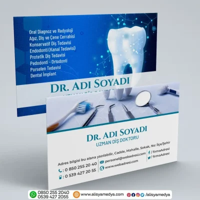 Mavi Renk Diş Logolu ve Diş Malzemeleri Resimli Diş Hekimi Kartvizit Tasarım Örneği