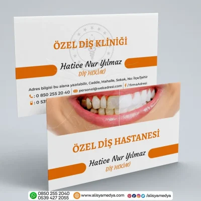 Öncesi ve Sonrası Resimli Özel Diş Hastanesi Diş Doktoru Kartvizit Tasarım Örneği - Turuncu Renk Diş Hekimi Kartvizit