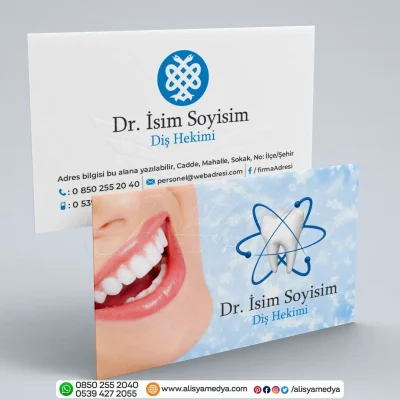 Bembeyaz Gülen Dişli Kadın Resimli Diş Doktoru Kartvizit Baskı Örneği - Beyaz Mavi Renklerde Sağlık ve Diş Logolu Kartvizit Modeli