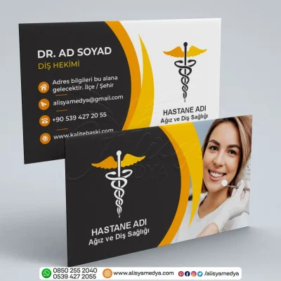 Sarı ve Siyah Siyah Renklerde Gülümseyen Kadın Resimli Diş Hekimi Kartvizit Tasarım Örneği - Doktor Kartvizit Modeli