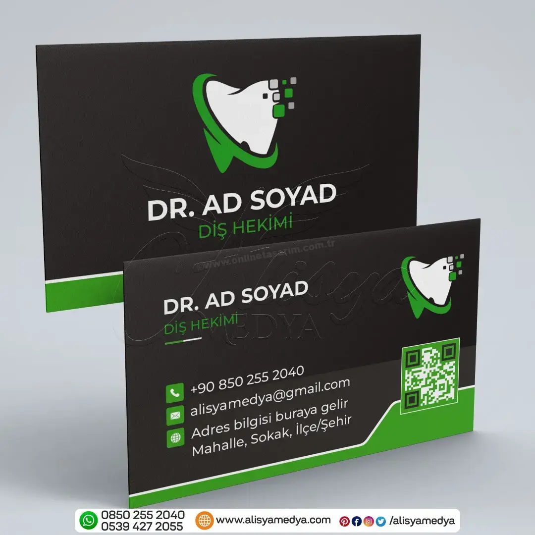 Siyah ve Yeşil Renklerde Diş Doktoru / Diş Hekimi Kartviziti. Sağlık Sektörü Ağız ve Diş Sağlığı Doktor Kartvizit Baskı Örneği
