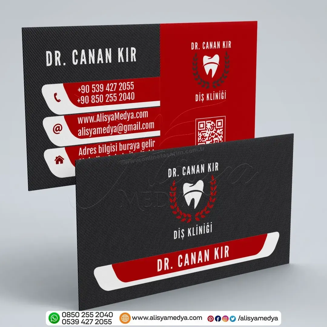 Siyah Kırmızı Göz Alıcı Kartvizit Tasarımı - Diş Doktoru Klinik Kartvizit Tasarım Örneği - Doktor Kartvizit Tasarımı