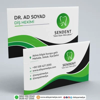 Yeşil ve Beyaz Renklerde Dalgalı Yuvarlak Diş Logolu Diş Doktoru / Diş Kliniği Kartvizit Tasarım Örneği