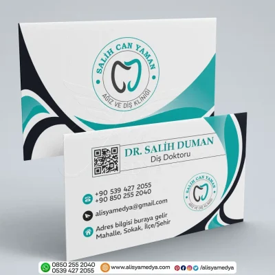 Beyaz Turkuaz Renklerde Yuvarlak Diş Logolu Diş Kliniği Diş Hekimi Kartvizit Tasarım Örneği - Kurumsal Doktor Kartvizit