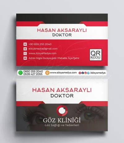 Pembe-Kırmızı Renklerde Göz Kliniği, Göz Doktoru için Hazırlanmış Kartvizit Tasarım Örneği