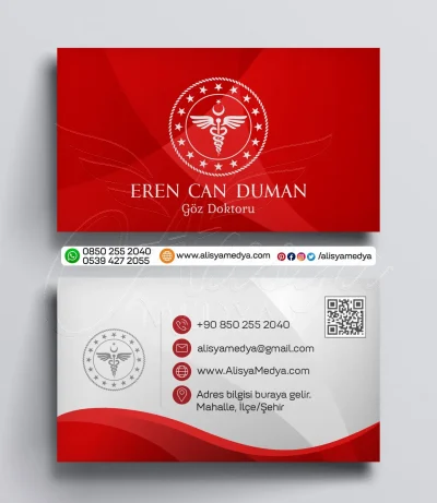 Kırmızı Renk Göz Doktoru QR Kodlu, Profesyonel ve Kurumsal Kartvizit Baskı Örneği