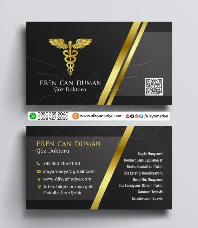 Altın Renk Çizgili Koyu Arkaplanlı QR Kodlu Göz Doktoru, Göz Kliniği, Göz Hastanesi Kartvizit