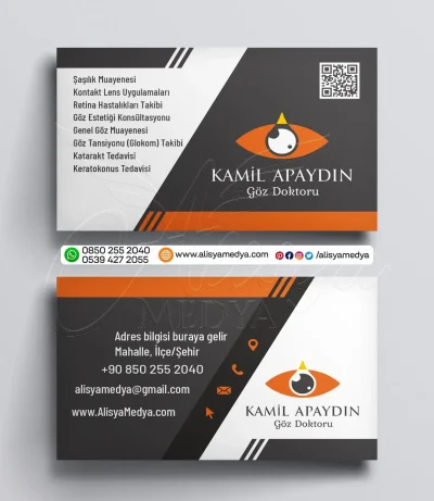 Turuncu, Koyu Gri, Beyaz Çapraz Şekilli QR Kod Eklenen Göz Hastanesi, Göz Kliniği, Göz Doktoru Kartvizit Örnekleri