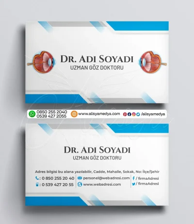 Mavi Renkli, Beyaz Zemin Göz Katmanları Resimli Göz Doktoru, Göz Kliniği, Göz Hastanesi Kartvizit Baskı Örneği