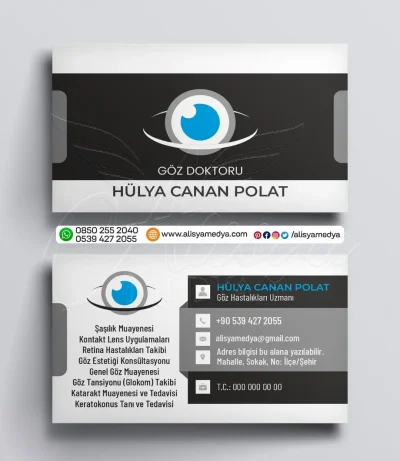 Mavi ve Gri Renk Tonlarında Göz Logolu Göz Kliniği, Göz Doktoru, Göz Hastanesi Kartvizit Baskı Örneği