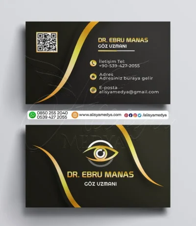 Altın Renk Dalgalı Siyah Arkaplanlı QR Kodlu Kartvizit Baskı Örneği - Göz Doktoru Kartvizit Tasarımı