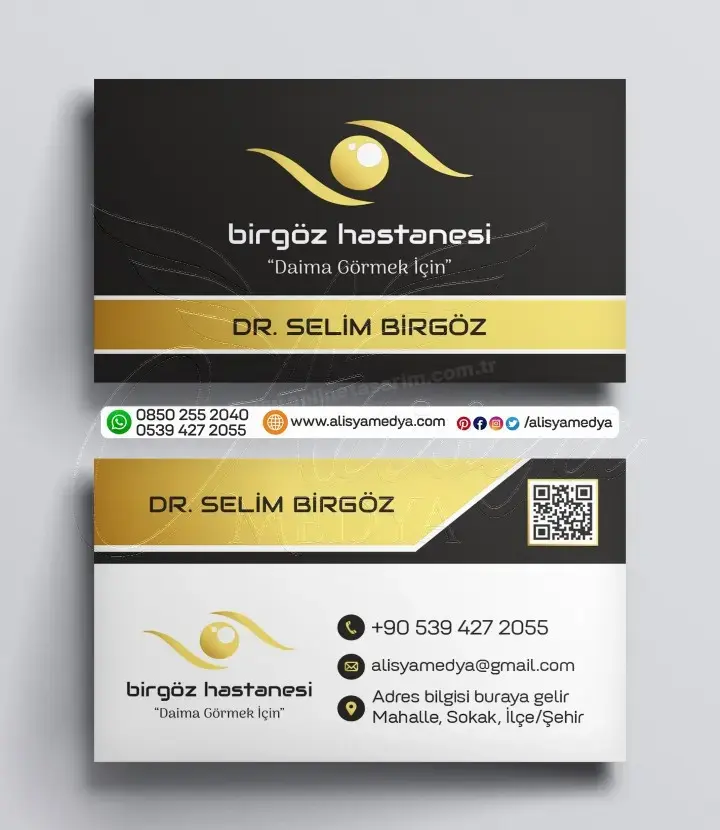 Altın ve Siyah Renklerde Göz Alıcı QR Kodlu Kartvizit Tasarım Örneği - Göz Doktoru, Göz Kliniği, Göz Hastanesi İçin
