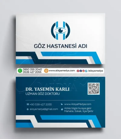 Beyaz Mavi Lacivert Renklerde Sağlık Sektörü Göz Hastanesi Göz Doktoru Kartvizit Tasarım Örneği