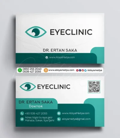 Yeşil Renklerde QR Kodlu Kurumsal Göz Kliniği Göz Doktoru Kartvizit Tasarım Baskı Örneği