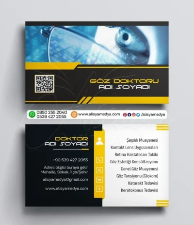Sarı ve Siyah Renklerde Göz-Gözlük Resmi İçeren QR Kodlu Göz Doktoru, Göz Kliniği Kartvizit Tasarım Örneği