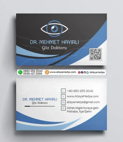 Mavi Beyaz ve Siyah Renklerde QR Kodlu Sağlık, Tıp, Göz Doktoru Kartvizit Tasarım Örneği