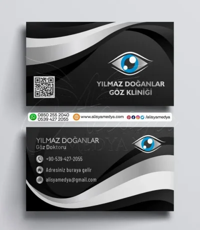 Siyah Koyu Renklerde Gümüş Dalga Detaylı Mavi Göz Logolu Göz Doktoru Kartvizit Tasarım Örneği