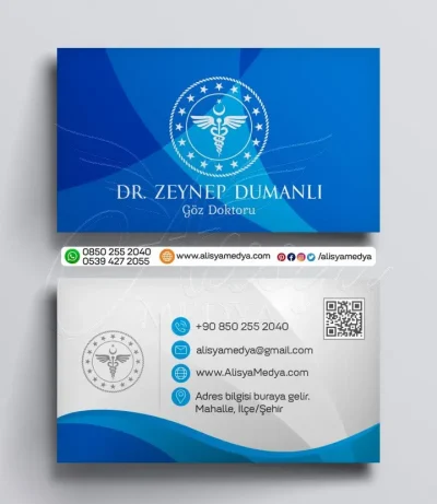 Mavi Renk Dalgalı Kurumsal Sağlık, Doktor Kartvizit - QR Kodlu Sağlık Logolu Göz Doktoru Kartviziti