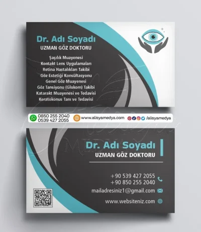 Turkuaz ve Gri Tonlarında Göz Doktoru İçin Hazırlanmış Sağlık, Tıp Kartvizit Tasarım Örneği