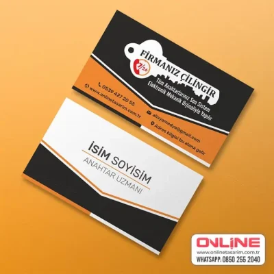 Anahtar ve kilit sembollerini şık bir şekilde harmanlayan, enerjik ve göz alıcı renklerle zenginleştirilmiş bu çilingir kartvizitleri, profesyonel tasarımlarıyla fark yaratır.