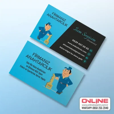 Mavi renklerde anahtar kilit tutan adam logolu çilingir kartvizit