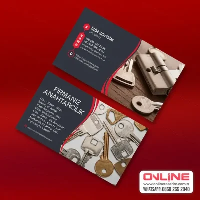 Gri ve kırmızının şık birlikteliğiyle anahtarcılık sektörüne özel tasarlanmış modern kartvizit örneği.