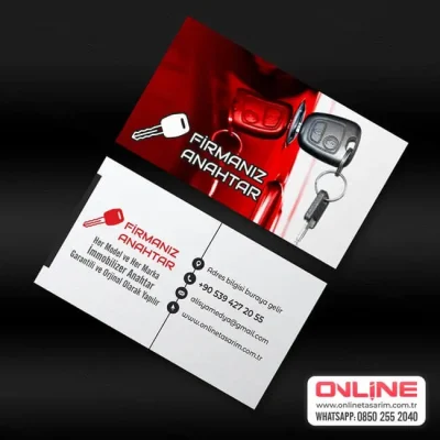 Kırmızı ve beyaz renklerin dinamik birlikteliğiyle tasarlanmış bu kartvizit, immobilizer anahtar uzmanlığınızı ve modern yaklaşımınızı vurgular.