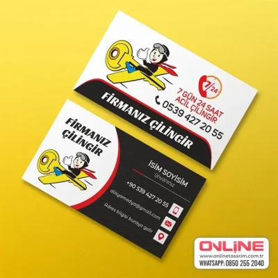 Sarı ve siyah renklerin enerjik ve profesyonel uyumuyla tasarlanmış bu kartvizit, 7/24 acil çilingir hizmetinizin dinamizmini ve güvenilirliğini vurgular.