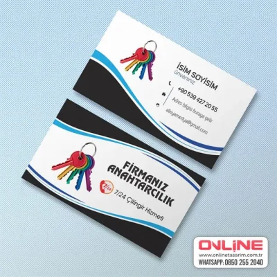 Acil çilingir servisinizin dinamizmini ve ulaşılabilirliğini yansıtan, gökkuşağı renkleriyle canlı bir tasarıma sahip kartvizit