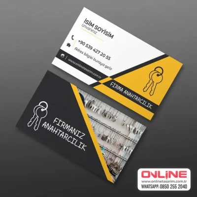 Siyah, beyaz ve sarının modern ve minimalist uyumuyla tasarlanmış bu kartvizit, anahtarcılık sektöründe profesyonel ve şık bir imaj yaratmanıza yardımcı olur.