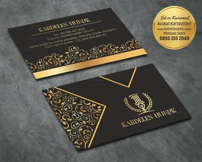 Hukuk temasını modern ve stilize bir şekilde yansıtan özgün bir avukat kartvizit tasarımı.