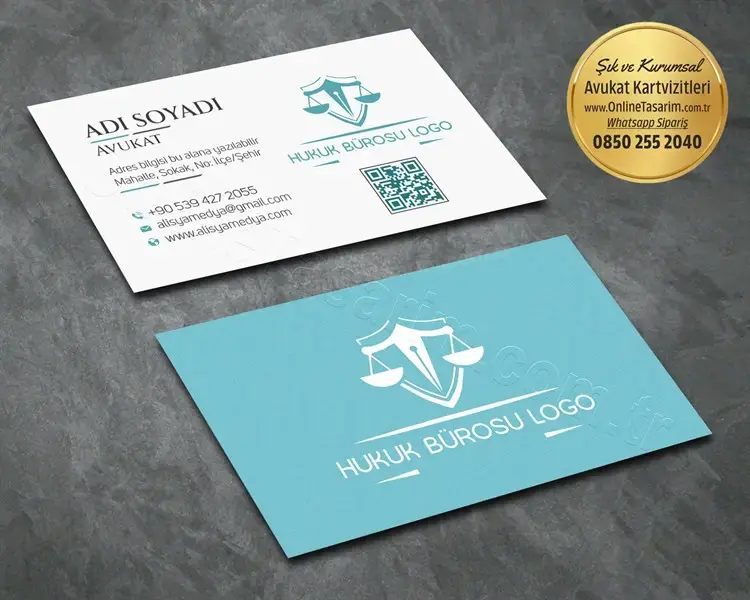 Profesyonel ve sade bir görünüm sunan, minimalist bir avukat kartvizit tasarımı.