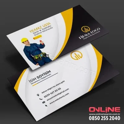 Boya yapan bir ustanın fotoğrafı ve modern bir logo içeren şık bir boya kartvizit örneği.