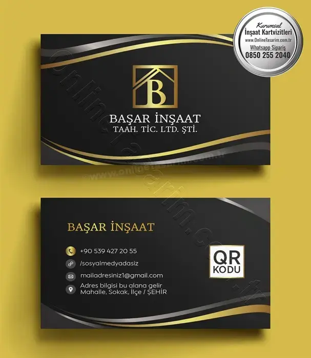Bu inşaat kartvizit tasarımı, siyahın asaleti ve altının lüksüyle müteahhit ve inşaat mühendisleri için etkileyici bir kartvizit baskı seçeneği sunuyor.