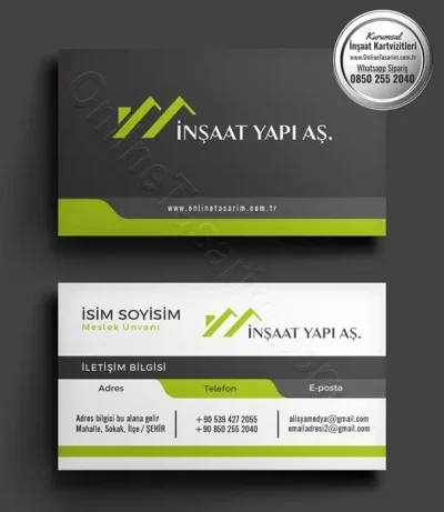 Kartvizitin arka yüzünde beyaz zemin üzerine gri ve açık yeşil detaylar kullanılarak profesyonel bir görünüm elde edilmiş.