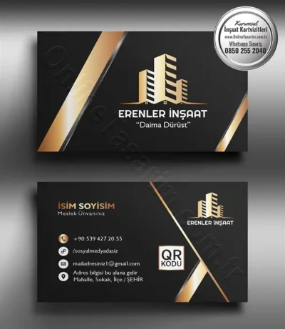 Arka yüzünde iletişim bilgileri sade ve profesyonel bir düzenle sunulmuş, QR kod entegrasyonu ile dijital erişim kolaylaştırılmıştır.